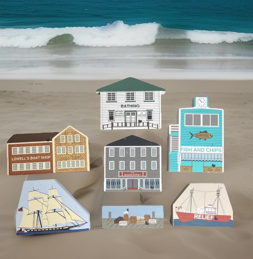 Vintage The Cat's Meow 7 Piece Seaside Village Scene Shelf Sitters Nautical Ship